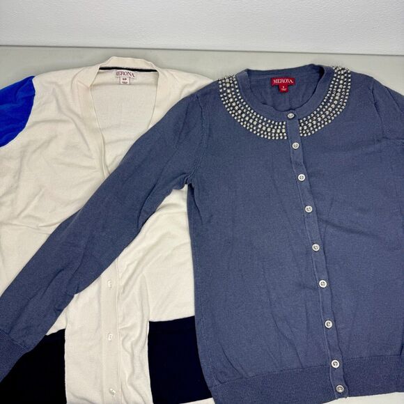 Merona Sweater Cardigans Blue & White Button Down Pearl Long Sleeve Womens Small - Picture 1 of 16